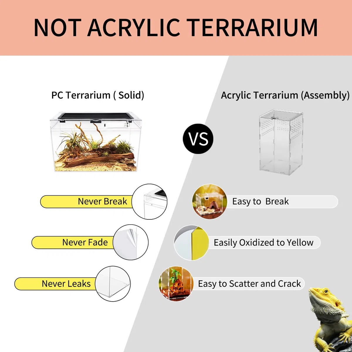 Reptile Growth Kit de terrario para reptiles, 40.6x20.3x25.4 cm, jaulas de hábitat de anfibios, cuenco de agua para alimentos, lavabo con ventosa para lagarto barbudo Dragon Gecko