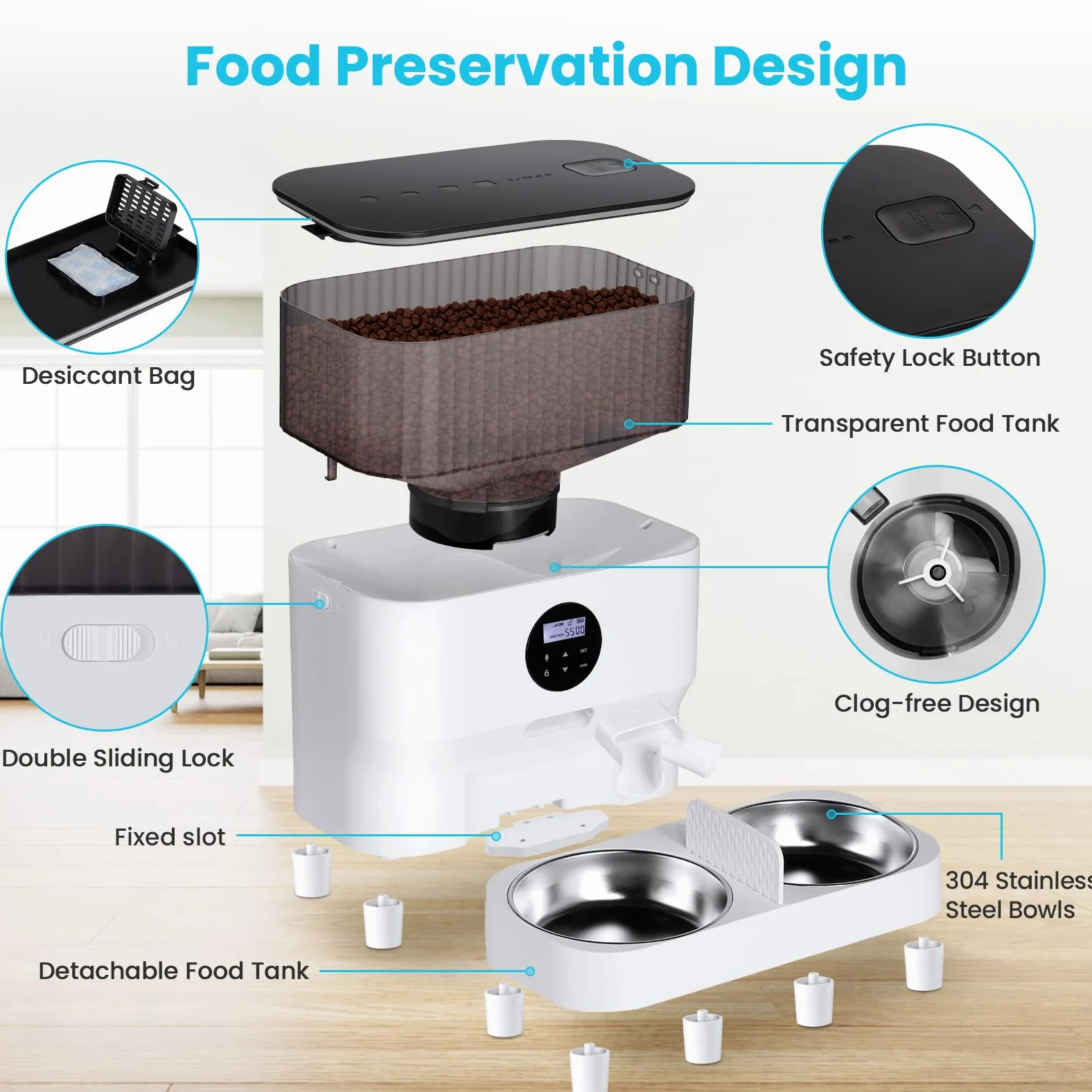 Sailnovo Comedero Automático para Dos Gatos, Dispensador con Dos Cuencos de Acero Inoxidable, Recordatorio de Voz 10s, hasta 80 Porciones y 4 Comidas al Día para Perros y Gatos, Blanco-5L