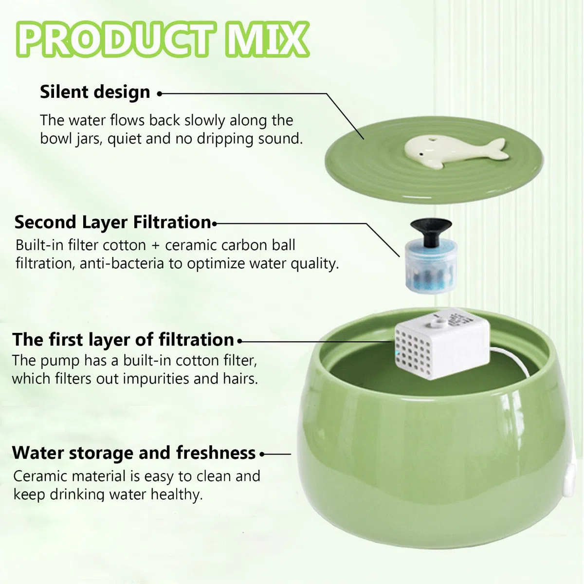Fuente de agua de cerámica para gatos, 1.3L/45 onzas, cuencos de alimentación y bebida para mascotas, fuentes automáticas para gatos, cuenco ultra silencioso para gatos y perros, dispensador de agua