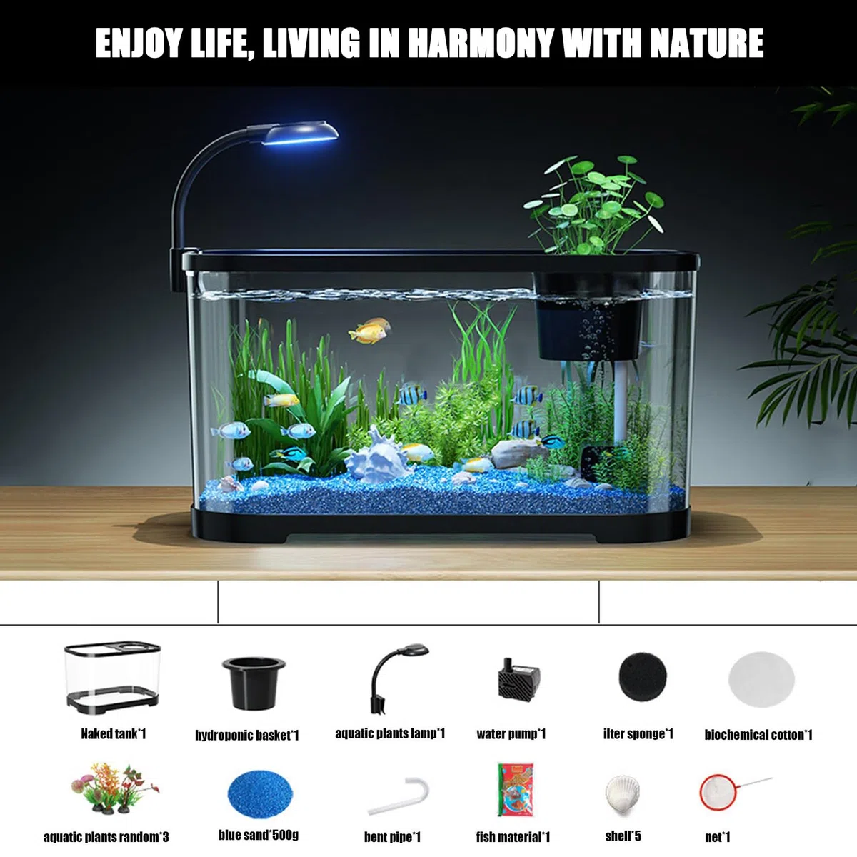 Kit de acuario con filtro y luz LED, pecera compacta para decoración del hogar u oficina