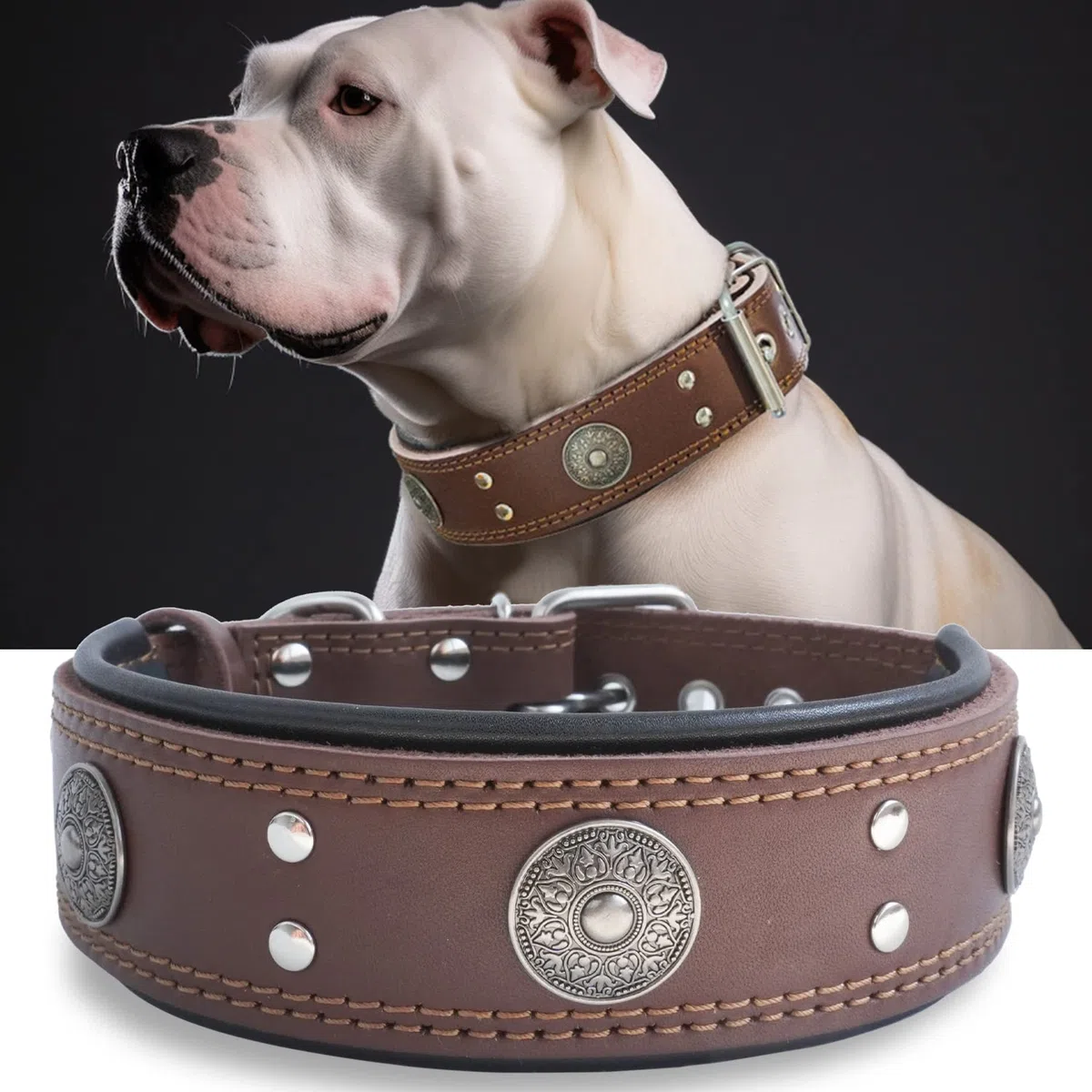 Collar de cuero para perro, collares de cuero genuino resistente de 5 cm de ancho, hecho a mano, suave y lujoso, la mejor opción para perros de raza grande y mediana de 19.5 a 23.5 pulgadas