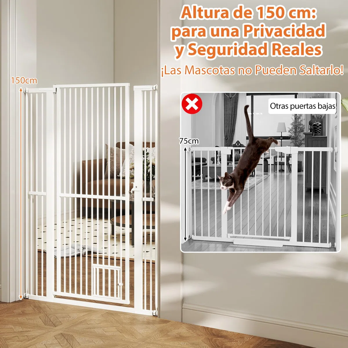 GOPLUS Barrera de Seguridad de Mascotas de Metal Ajustable, Puerta Extra Alta de 150 cm para Gatos con Ancho Ajustable de 77-104 cm, 2 Kits de Extensión, Diseño Bloqueable, Barrera para Perros
