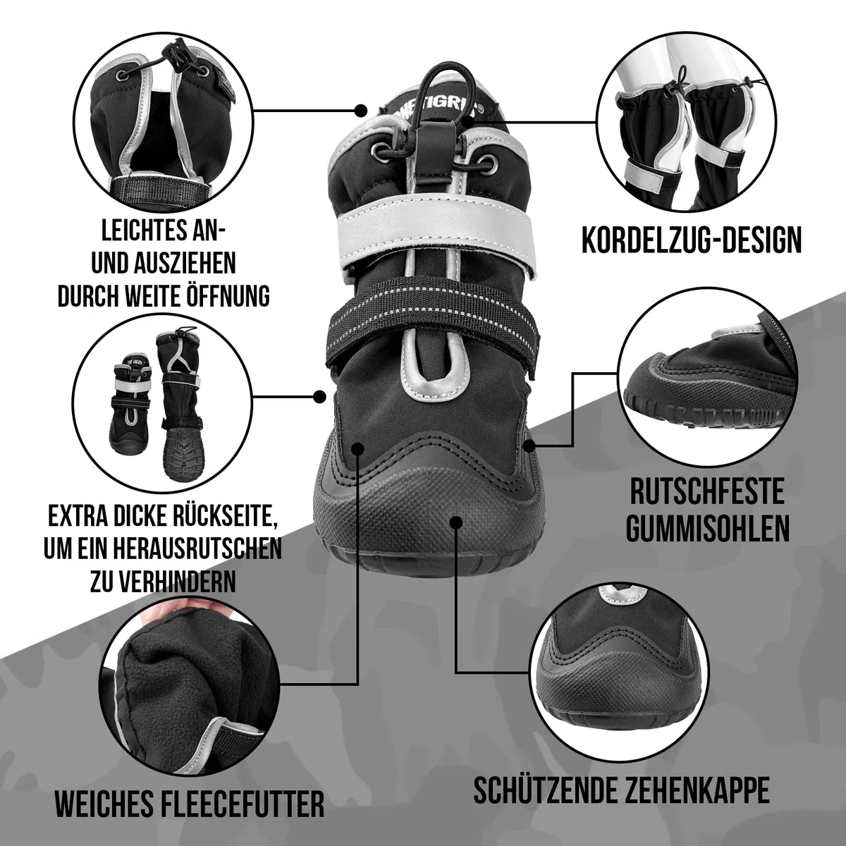 OneTigris Pathfinder Pathfinder - Juego de 4 zapatos antideslizantes para perros, impermeables, cálidos, ajustables, con cierres de reflectantes para perros medianos y grandes, color negro, talla 10