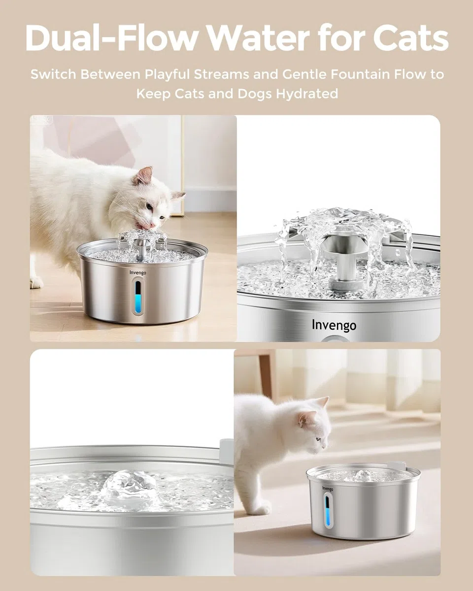 Invengo Fuente para Gatos Acero Inoxidable, 3.2L Fuente para Gatos Acero Inoxidable con Boquilla de Flor & 12 Filtros de Repuesto para Fuente de Agua