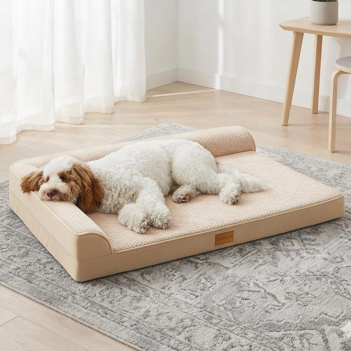 Cama Perro Jacquard Grande Ortopédica, Colchoneta Perro con Espuma De Caja De Huevos de L, Sofá Perro con Impermeable Lavable Desenfundable, 106x28cm, Blanco Marfil