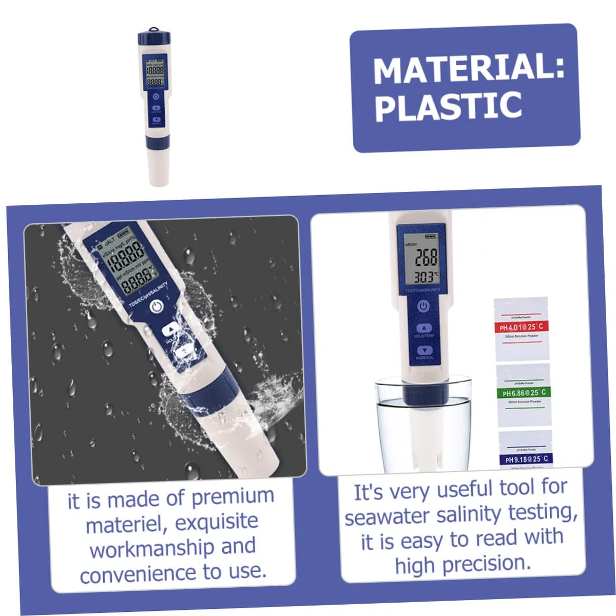 Medidor Digital de Salinidad y Ph para Acuicultura Sonda de Alta Sensibilidad y Carcasa de Plástico, Incluye 3 Baterías Lr44 para Laboratorios de Agua