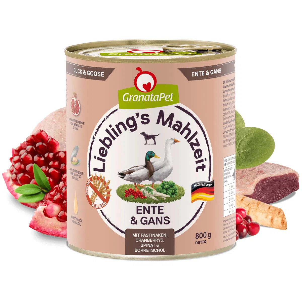 GranataPet Liebling's Mahlzeit Pato & Gans, Comida húmeda para Perros, Comida para Perros sin Cereales y sin azúcares, pienso Completo, 12 x 800 g
