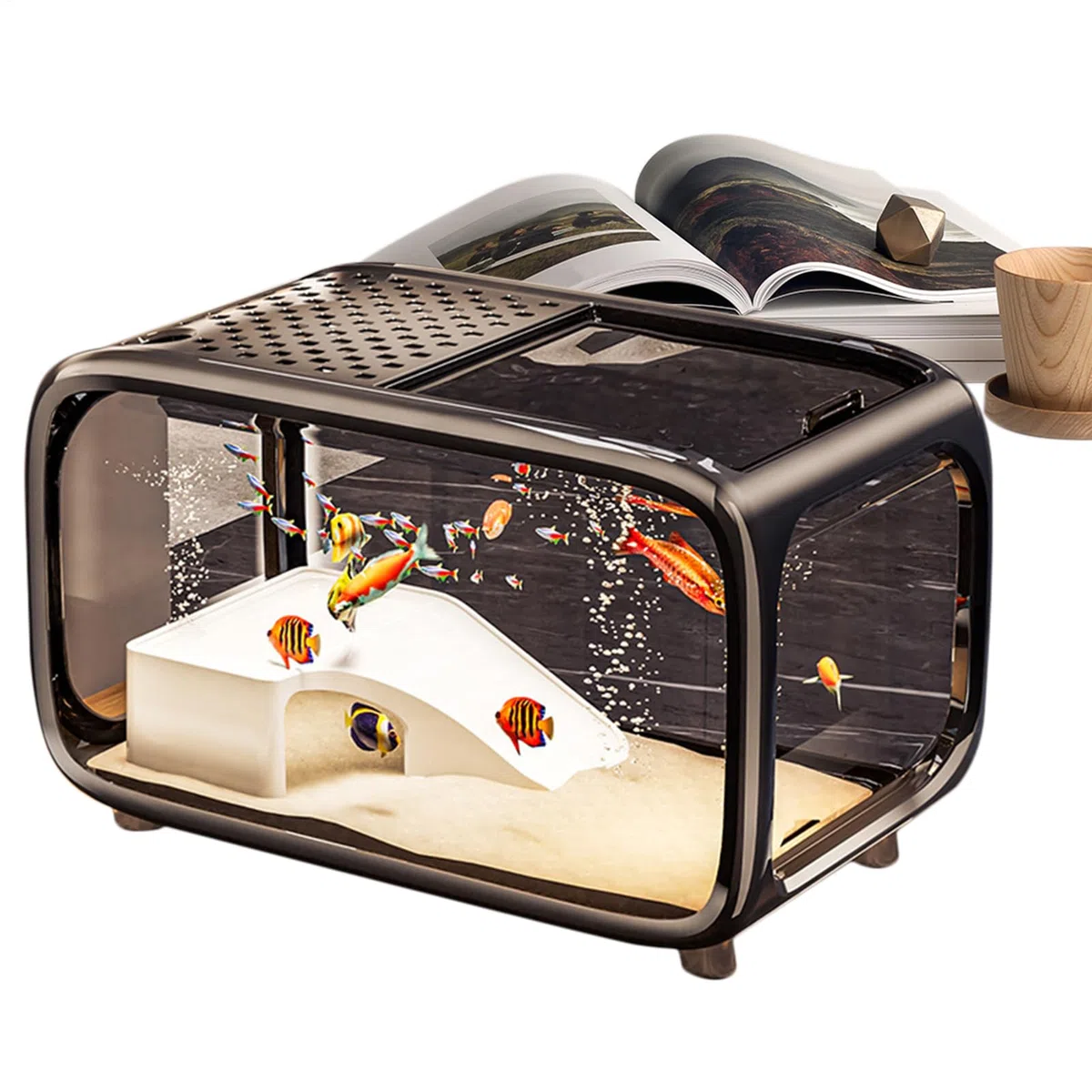 Acuario Pecera De Escritorio Para Tortugas Con Decoración De Escala | Recipiente De Paisaje Acrílico Transparente Con Orificio Para Alimentación Para Animales Acuáticos Como Betta