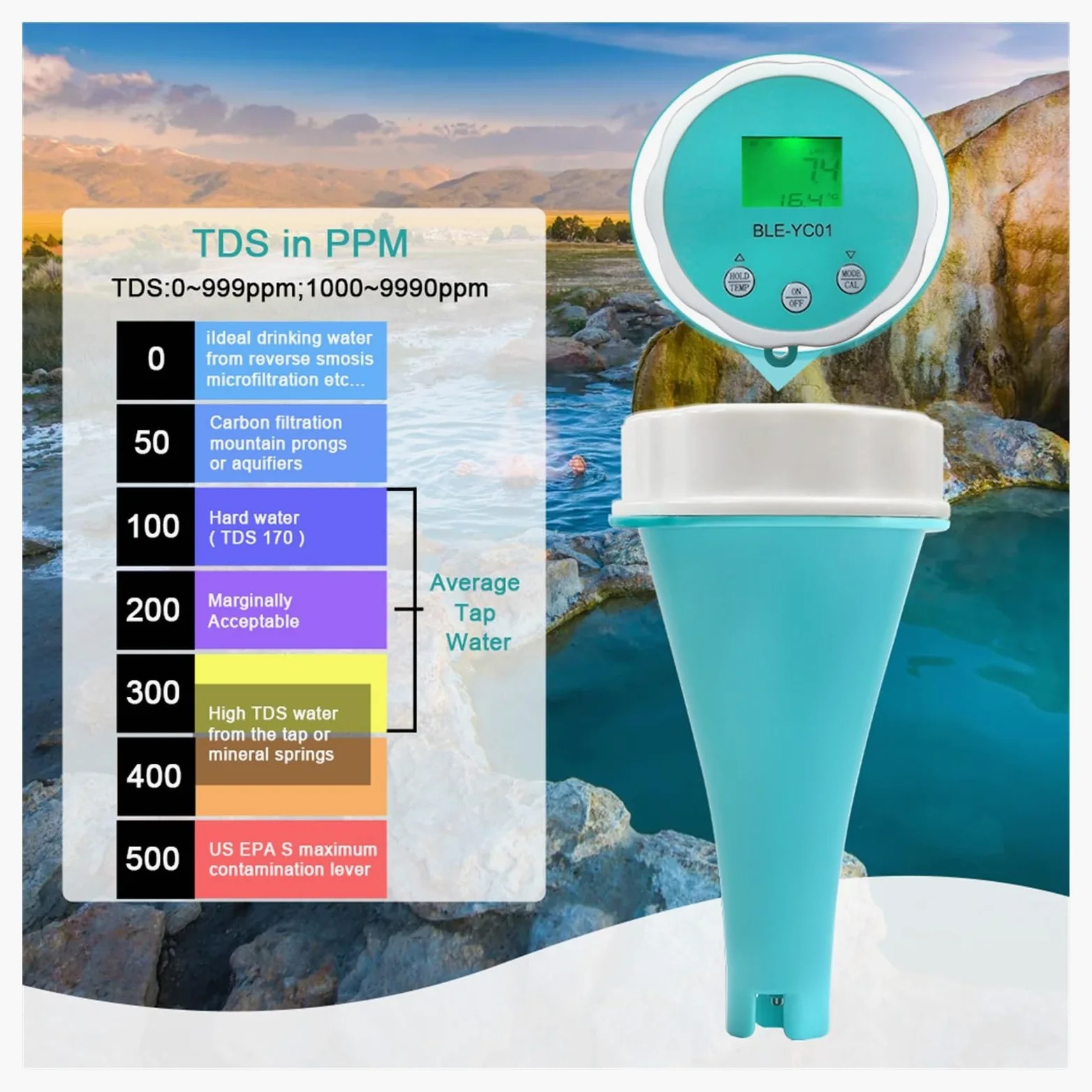 Medidor de pH Detector de Calidad del Agua 6 en 1, PH EC TDS ORP, Temperatura, Cloro, Pantalla aplicación, Probador Calidad Agua Piscina multifunción