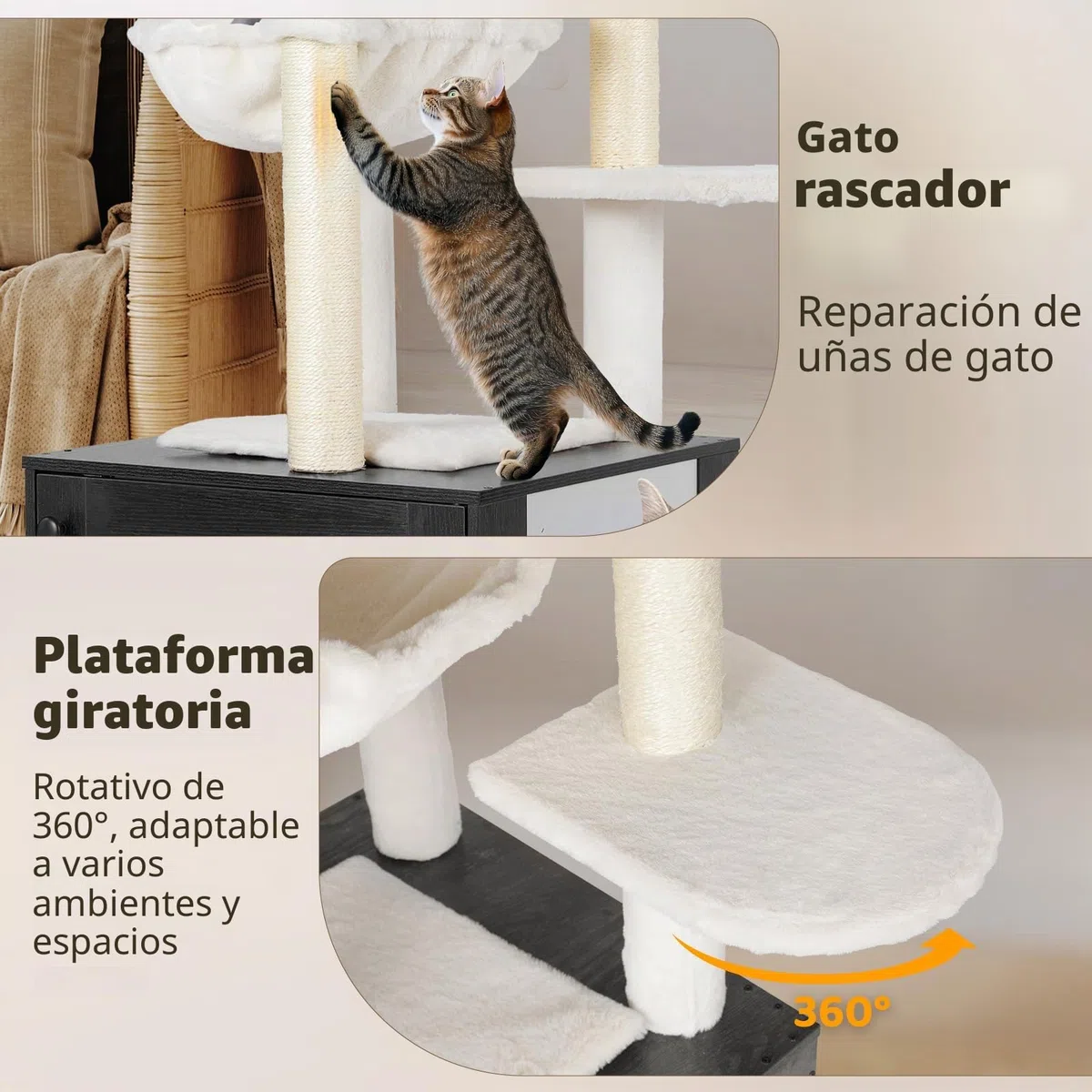 MAMIZO Árbol rascador con inodoro para gatos, árbol para gatos 2-en-1, nido de felpa desmontable, 119 cm de alto, cojines de felpa lavables, mueble para gatos, árbol rascador de madera, troncos de