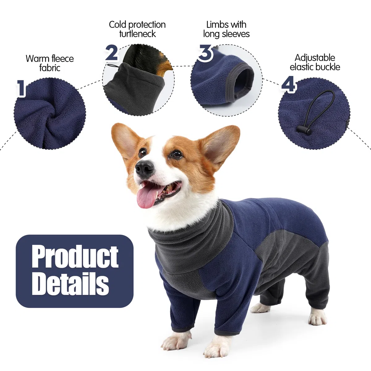 Abrigo de invierno para perro, chaqueta de forro polar cálida para perro, overol resistente al viento, pijama de cuerpo completo para perro, ropa de clima frío para perros medianos y grandes