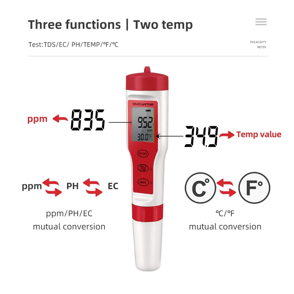 Medidor de TDS, Medidor de PH 4 en 1 PH/TDS/EC/medidor de Temperatura Monitor Digital de Calidad del Agua probador for Piscinas acuarios de Agua Potable(TDS PH Temp Tester)