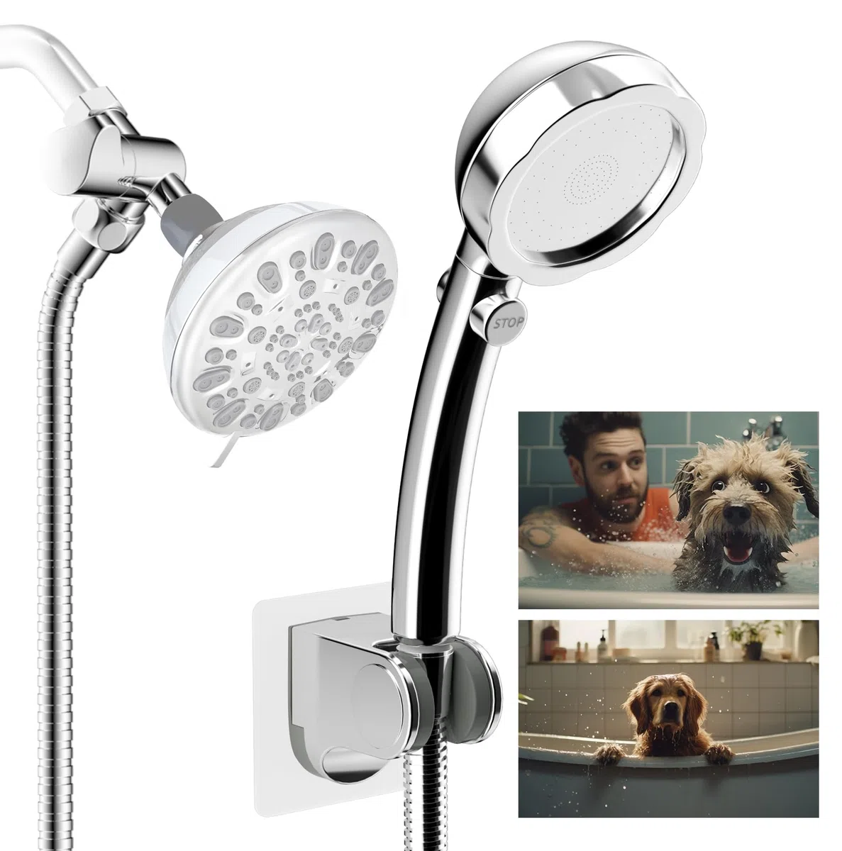 Hibbent Juego de accesorios para rociadores de ducha para perros y baño de mascotas con válvula desviadora de brazo de ducha, cabezal de ducha de mano, kit de cabezal de rociador de manguera de baño