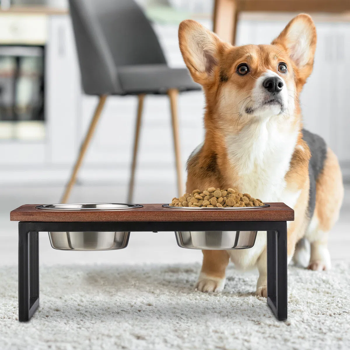 Relaxdays Napfständer Comedero Elevado para Perro, Soporte Alto de Madera Mango, 16,5x42x21cm, 2 Cuencos Acero INOX. 1000ml, Marrón, 1000 ml