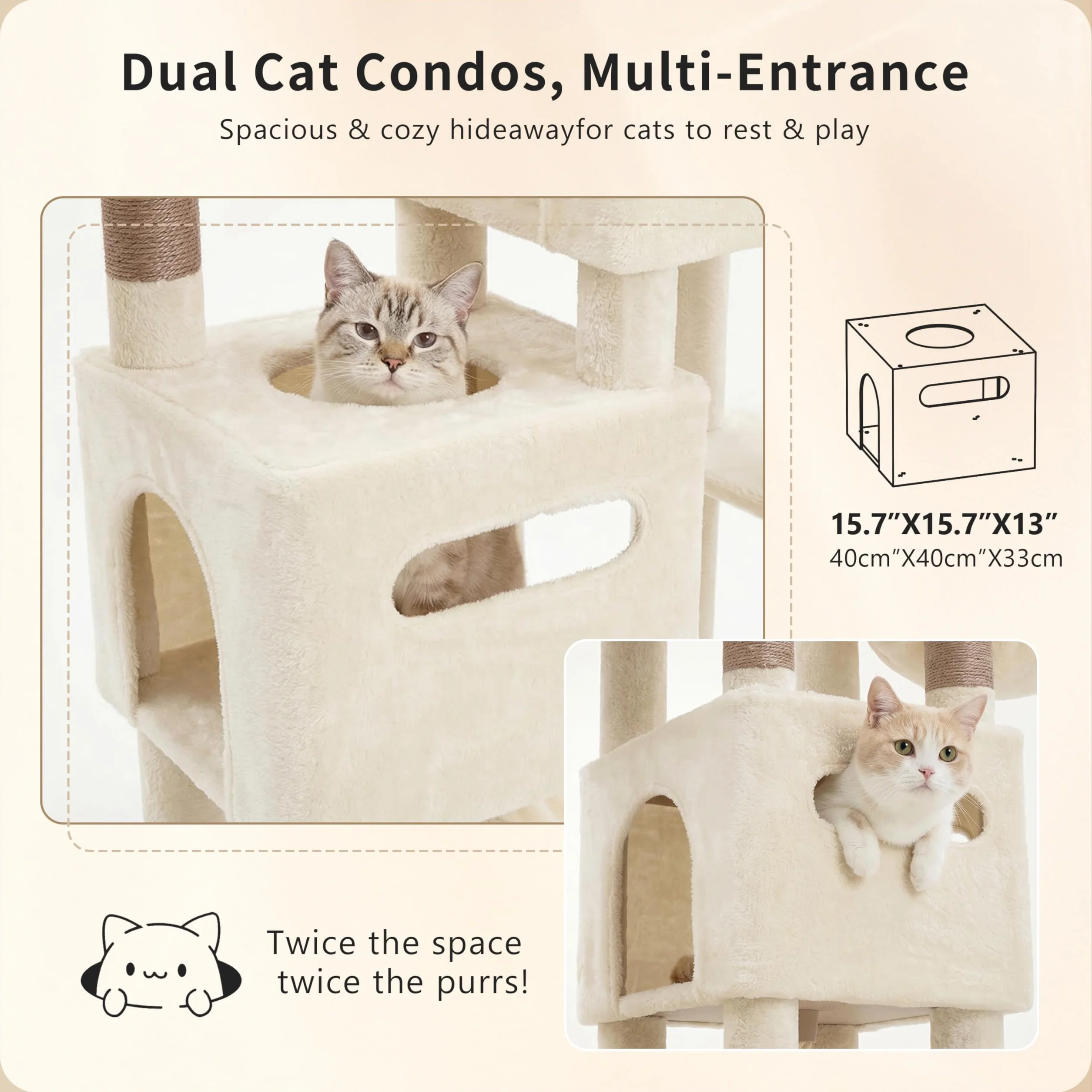 Heybly Árbol Rascador para Gatos Grandes, 190 cm Rascador para Gatos XXL, Torre Alta y Espaciosa con Amplia Plataforma Superior, Base Estable, 2 Casitas, Hamaca y Postes de Sisal, Beige HCT062MJ