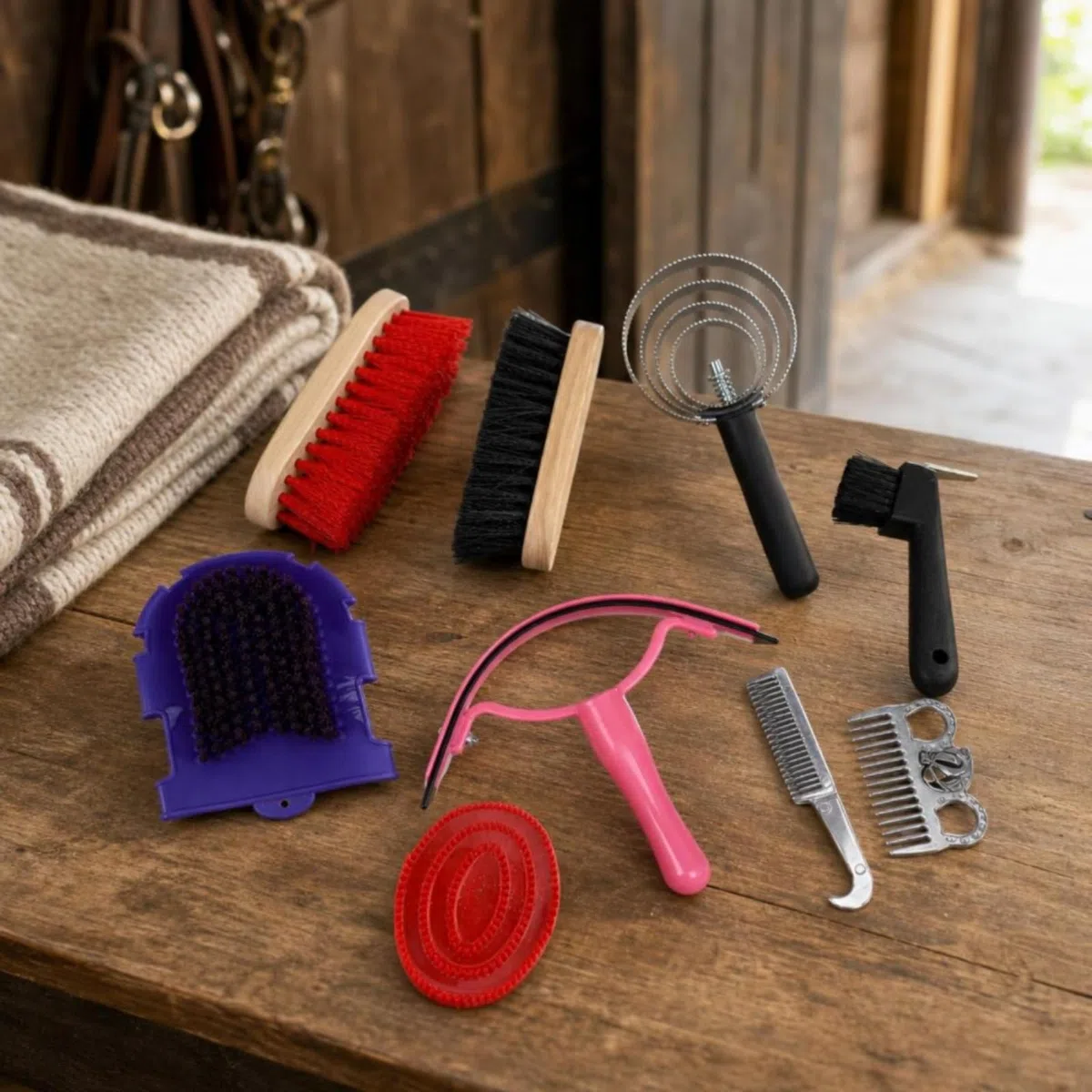 9 Piezas Cepillos para Cuidado Cepillo de Crin Peine Metálico de Goma Cepillo de Mano con Bolsa Impermeable y Mango de Madera Adecuado para Viajes Ecuestres