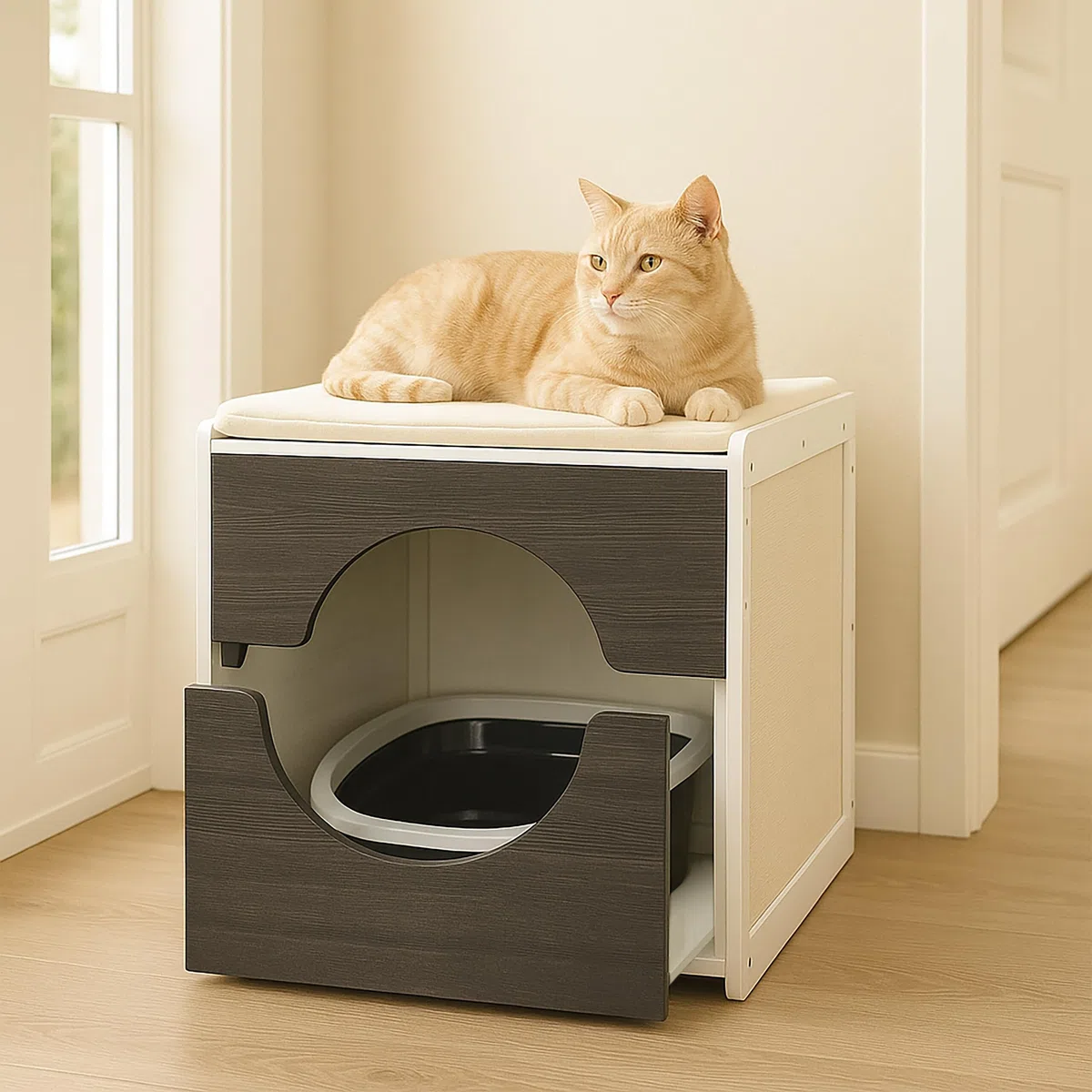 Relaxdays Mueble Arenero de Gato, para Esconder el Aseo Felinos, Cajón Extraíble, 57 x 50 x 60 cm, Blanco/Gris