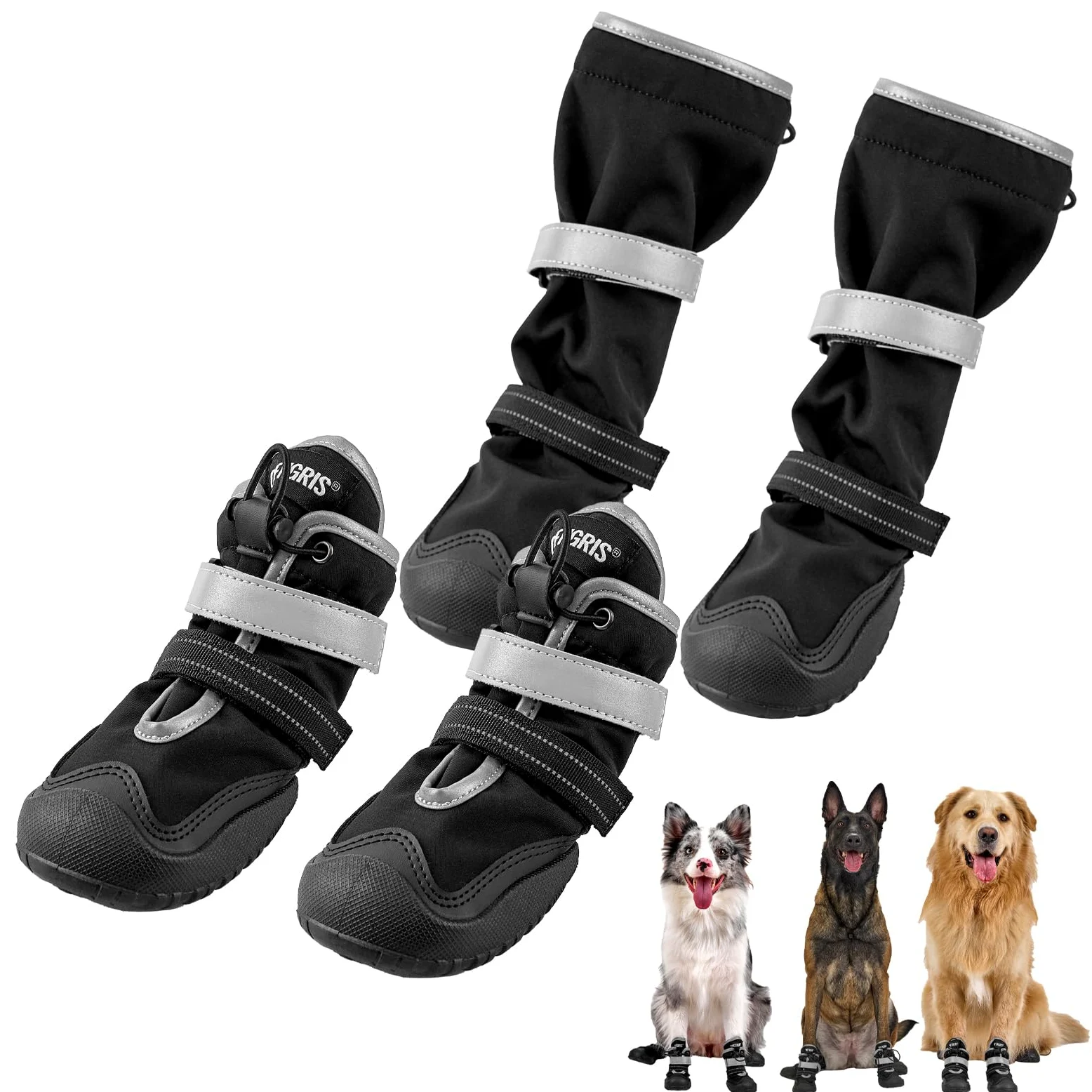 OneTigris Pathfinder Pathfinder - Juego de 4 zapatos antideslizantes para perros, impermeables, cálidos, ajustables, con cierres de reflectantes para perros medianos y grandes, color negro, talla 10