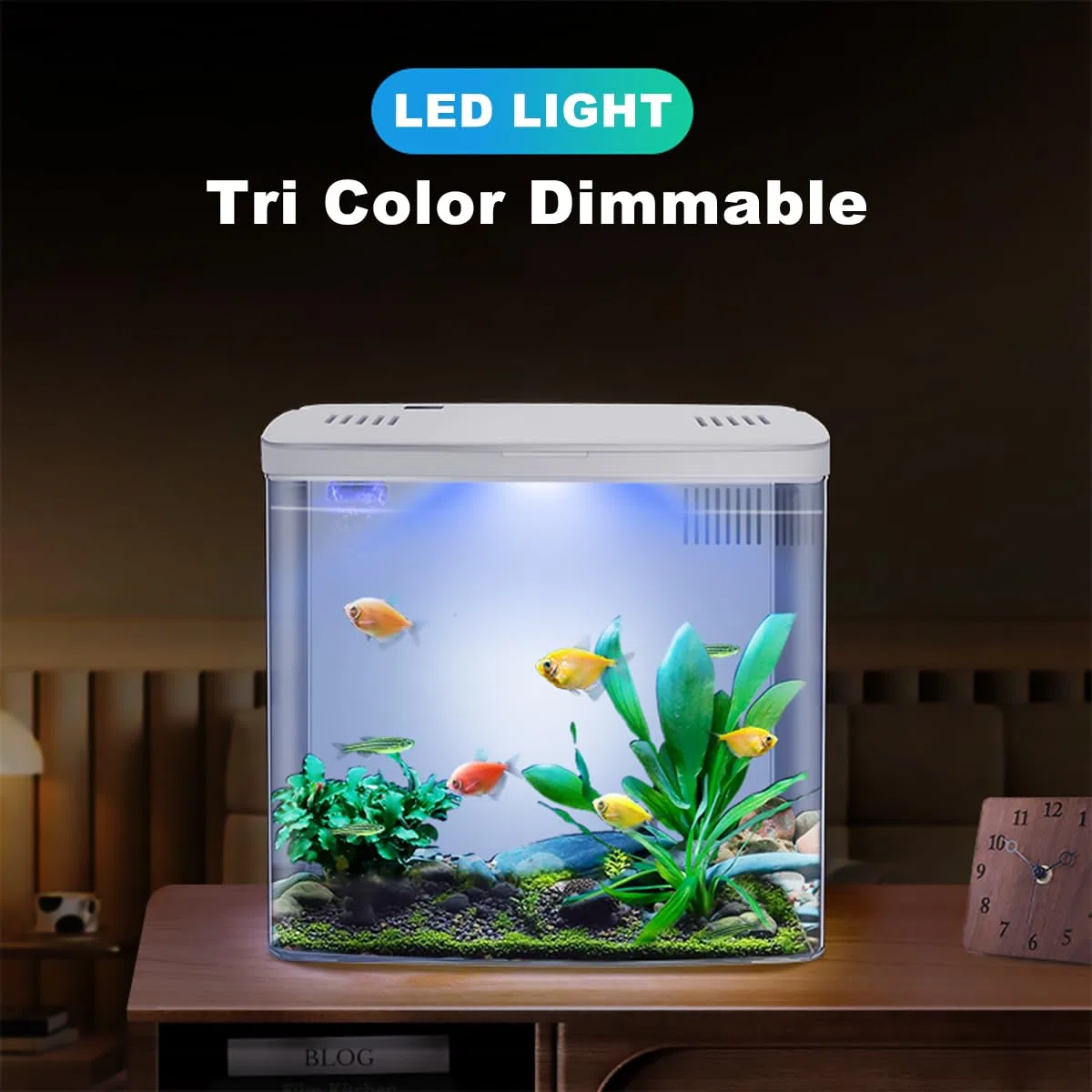 Kits de iniciación de acuario de 4,5 L, pecera pequeña Betta con LED y filtro (blanco)