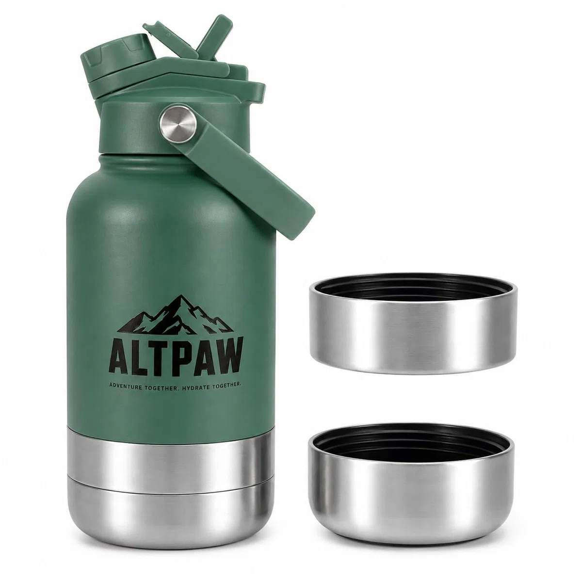 Botella de agua 3 en 1 aislada para pasear perros de 900 ml / 32oz con tapa de doble uso y 2 cuencos desmontables más bolsa de transporte, botella de viaje portátil, agua para perros, alimentos