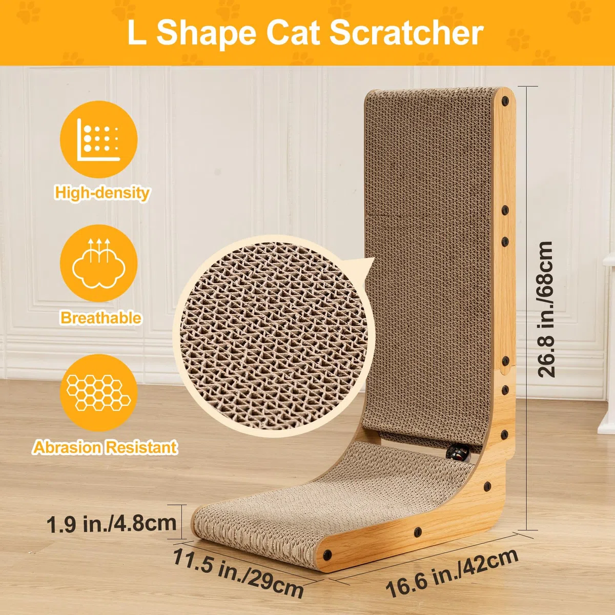 Rascador de gato en forma de L, Poils Bebe Rascador de gato para gatos de interior, protección de muebles, almohadilla de arañazos para gatos, cartón para gatos con juguete de bola, zacate gatera, 26