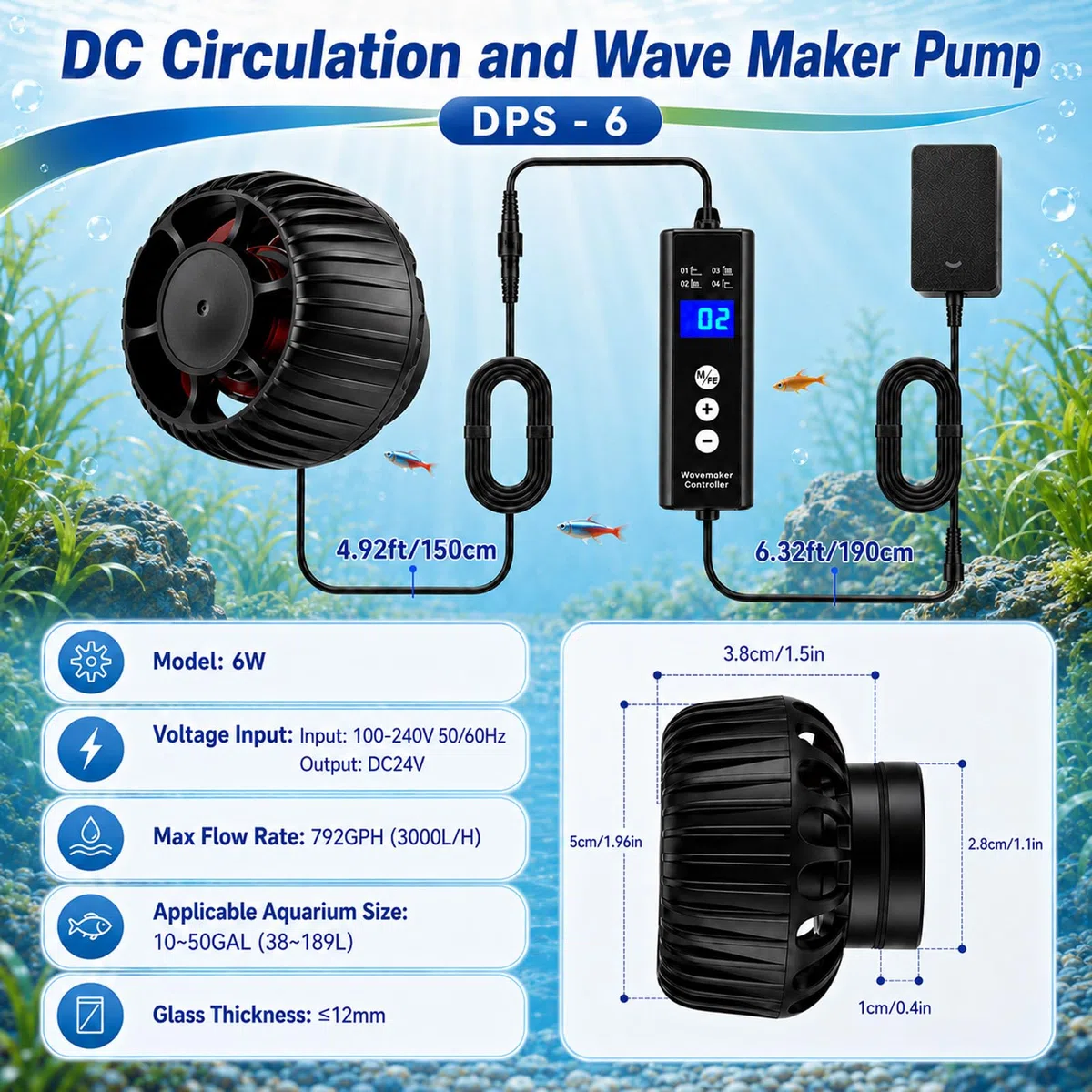 Wavemaker Bomba de flujo para acuario, 6 W, bomba de onda DC con 3000 l/h y 10 niveles, bomba de circulación magnética con 4 modos para depósito de peces de 15 – 189 L, para agua dulce y agua salada