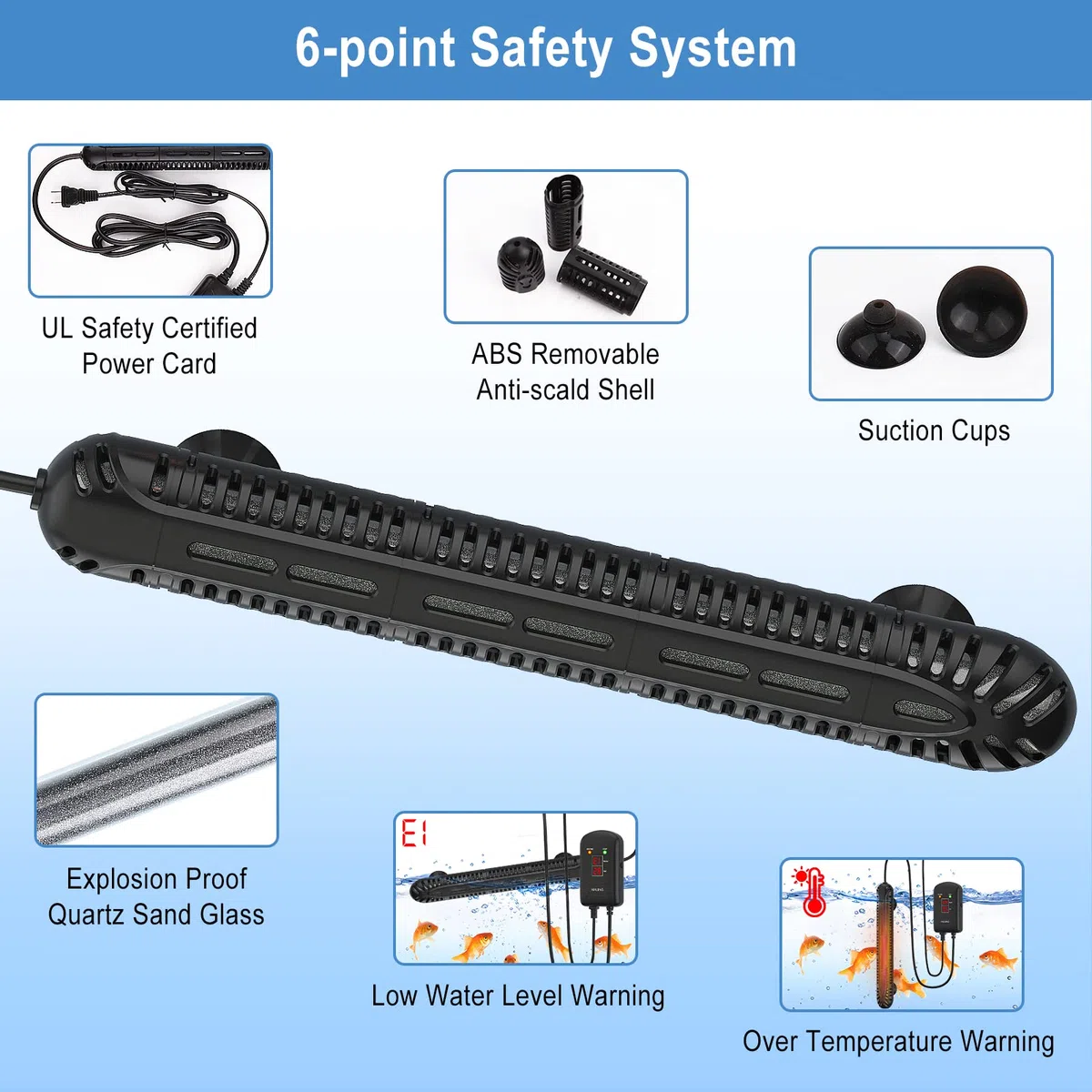 HiTauing Calentador de tanque de peces de 100 W para tanque de 10 a 20 galones, calentador de acuario de calentamiento rápido, protección de seguridad ajustable de 6 puntos, calentador de acuario