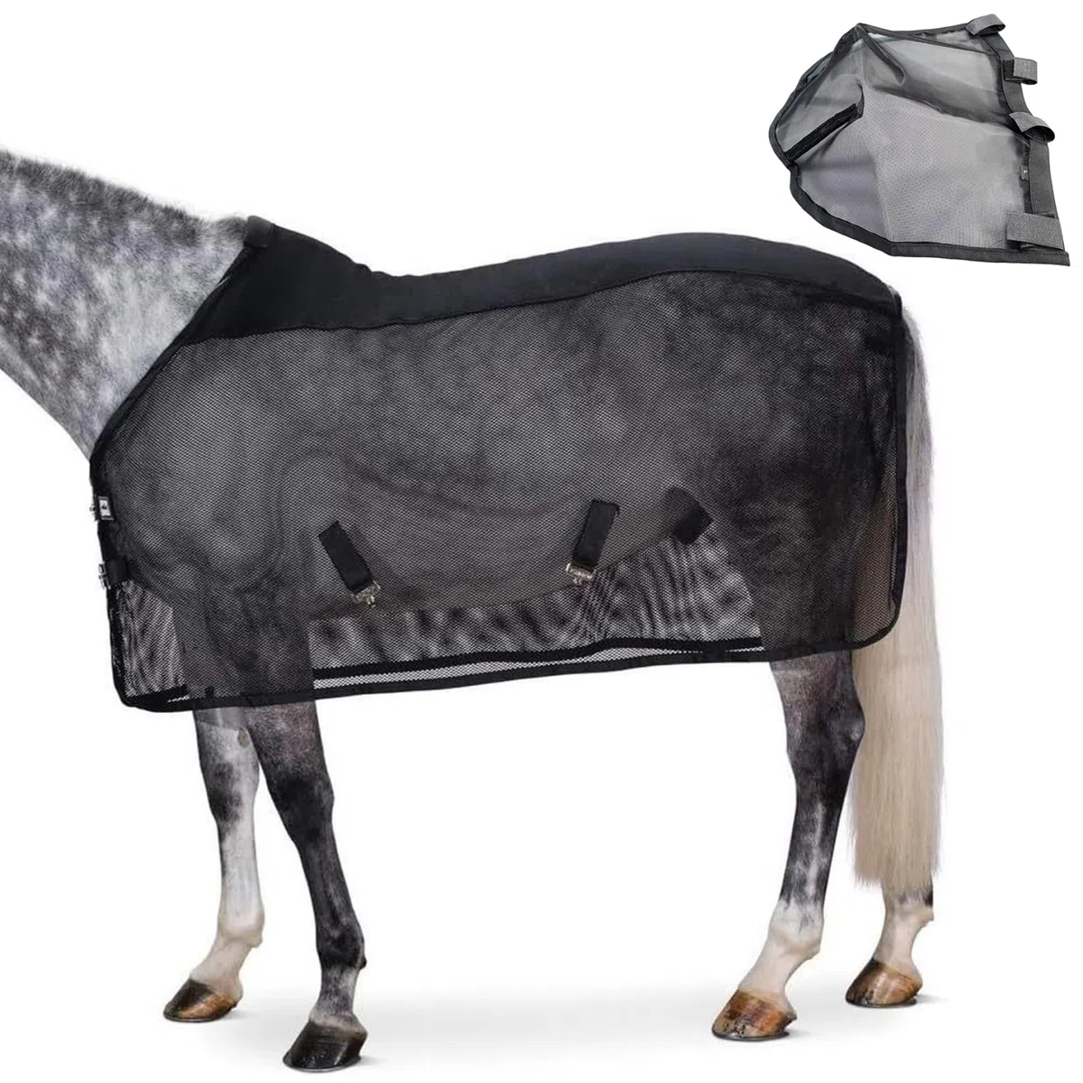 Manta antimoscas para Caballos Manta antimoscas de Malla Ajustable con Protector Nasal Transpirable protección contra Insectos para el Verano para pastos y Exteriores Negro tamaño 187 cm