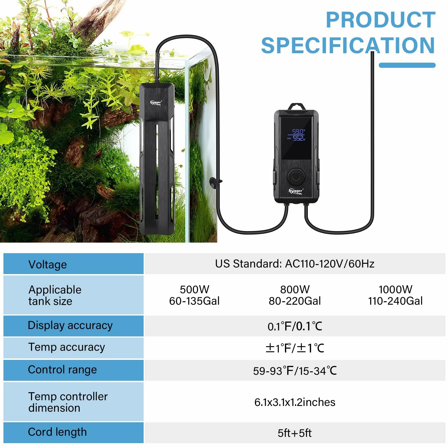 Hygger - Calefacción para acuario (800 W, calefacción sumergible, para acuario, temperatura ajustable, con controlador de pantalla digital, LED, 800 W)