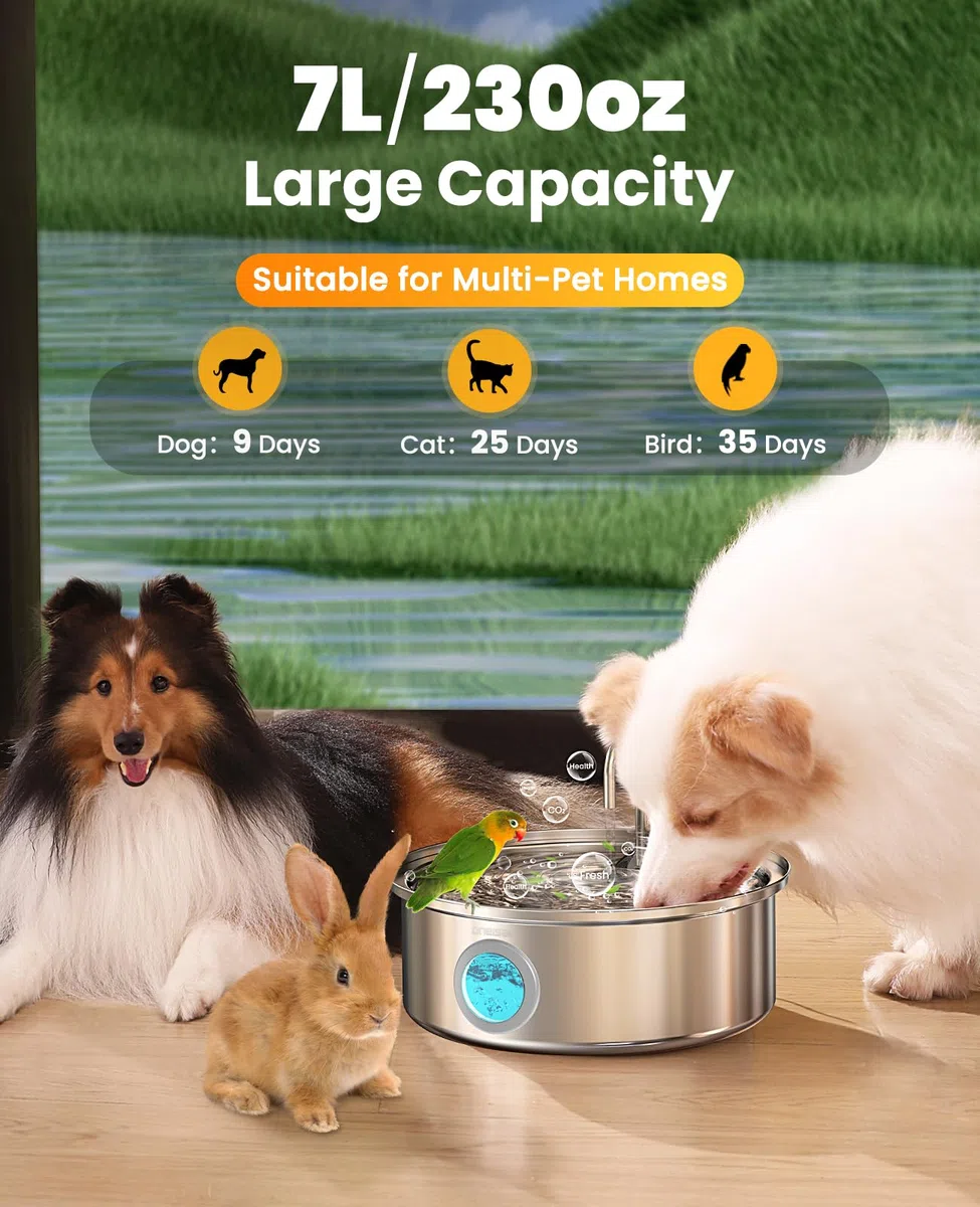 Oneisall Fuente de agua para perros PWF002 | 7L/6,520.4 g contiene 5 filtros de juego, 25 dB silencioso, acero inoxidable, agua visual, filtración de 5 capas