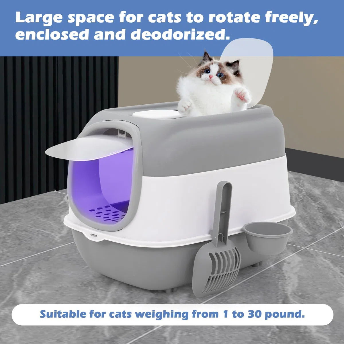 Bandeja de arena para gatos de entrada superior grande con cuchara de arena y cuenco, caja de arena cerrada a prueba de salpicaduras y fugas con función de desodorización de capucha, caja de arena