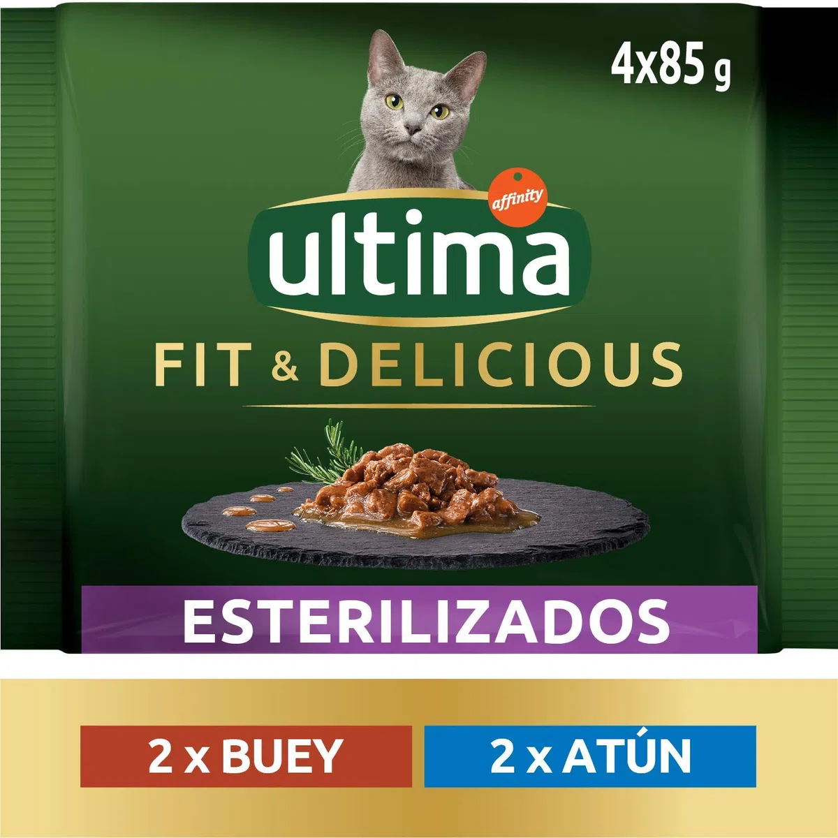 Ultima Comida Húmeda para Gatos con Buey y Atún, 12 x (4 x 85 gr), 4080g & Pienso para Gatos Esterilizados Adultos con Salmón 4 x 1.5 kg
