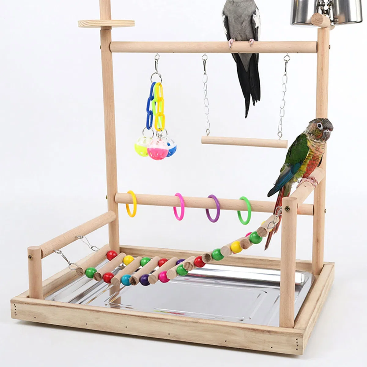 Jaula para pájaros, juguete para masticar, escalera, columpio, loros, perca, centro de actividades con tazas de alimentación, soporte de madera natural para pájaros, con cuencos, grande para