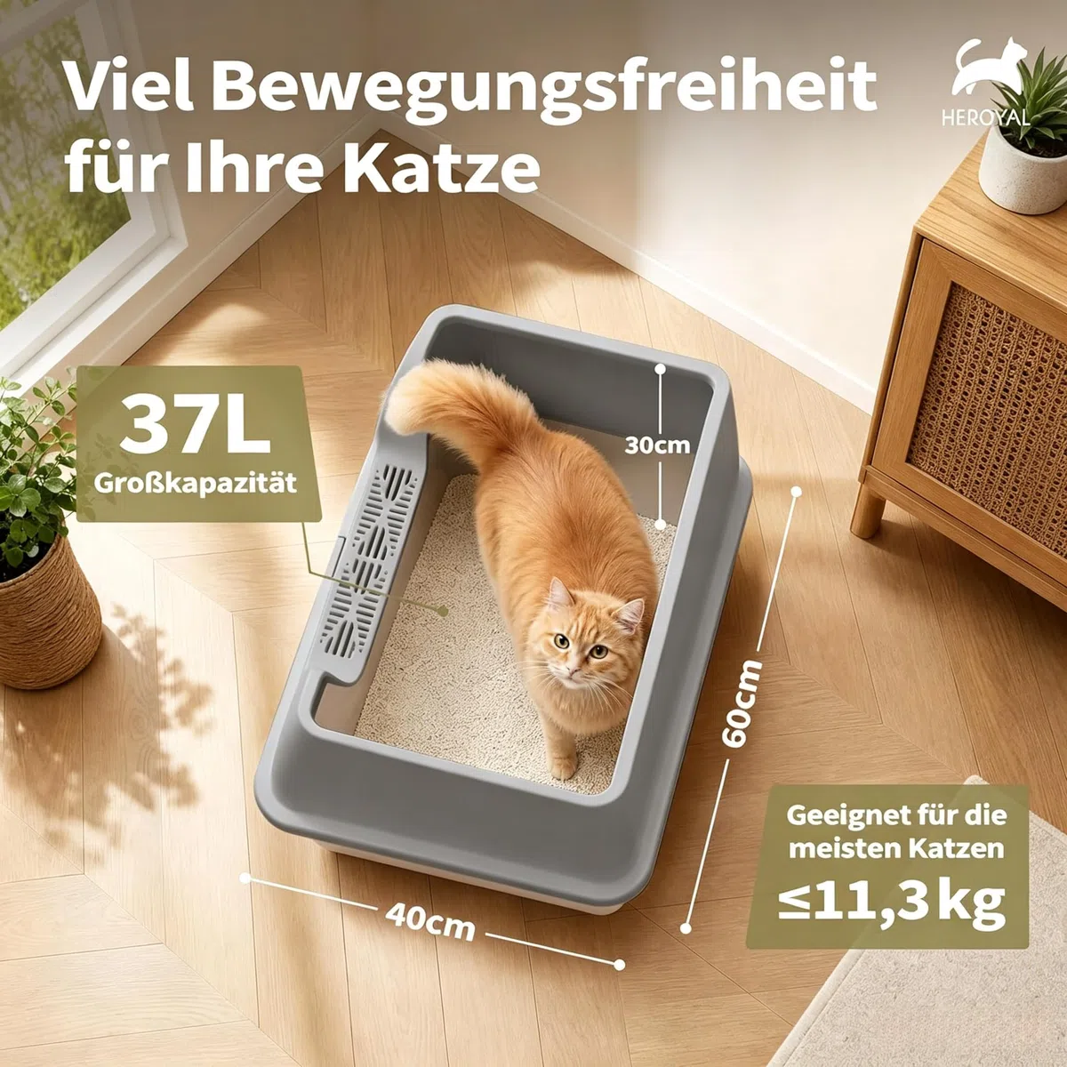 Caja de arena para gatos de acero inoxidable XXXL con adhesivo DIY (60 x 40 x 30 cm), 37 L, acero inoxidable con tapa, gran capacidad, a prueba de fugas y salpicaduras, fácil de poner y quitar, fácil