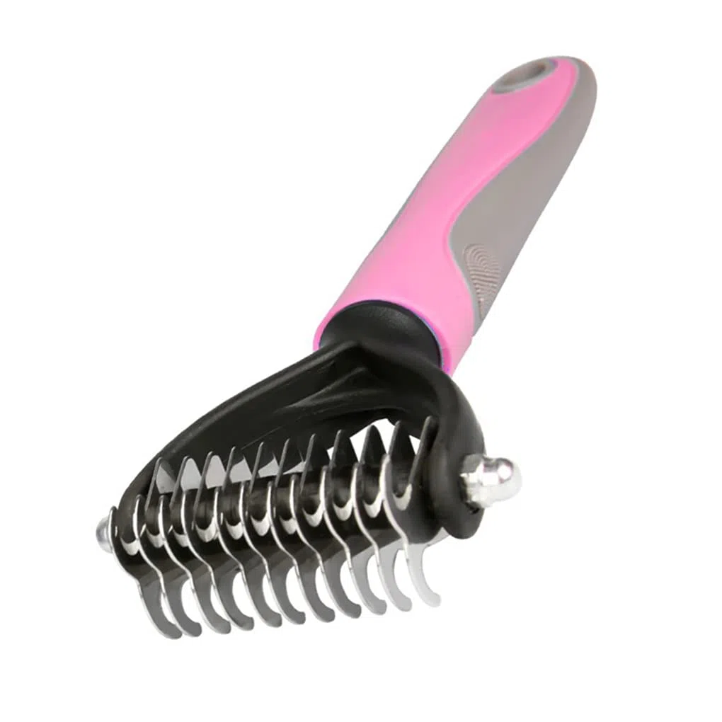 Juego de 10 cepillos de aseo para mascotas de 2 caras, rastrillo de pelo para eliminar nudos de pelo, herramienta de desprendimiento, color rosa