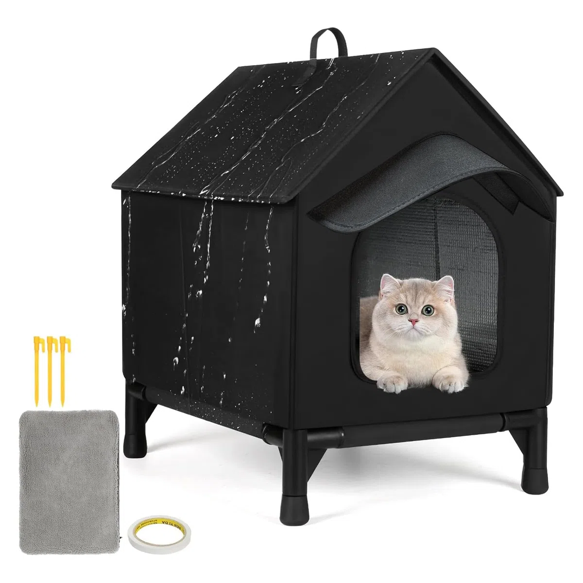 Casa para gatos con aleros desmontables adicionales, para gatos de interior y exterior en verano e invierno, actualización impermeable, refugio totalmente aislado para gatos callejeros y salvajes (L