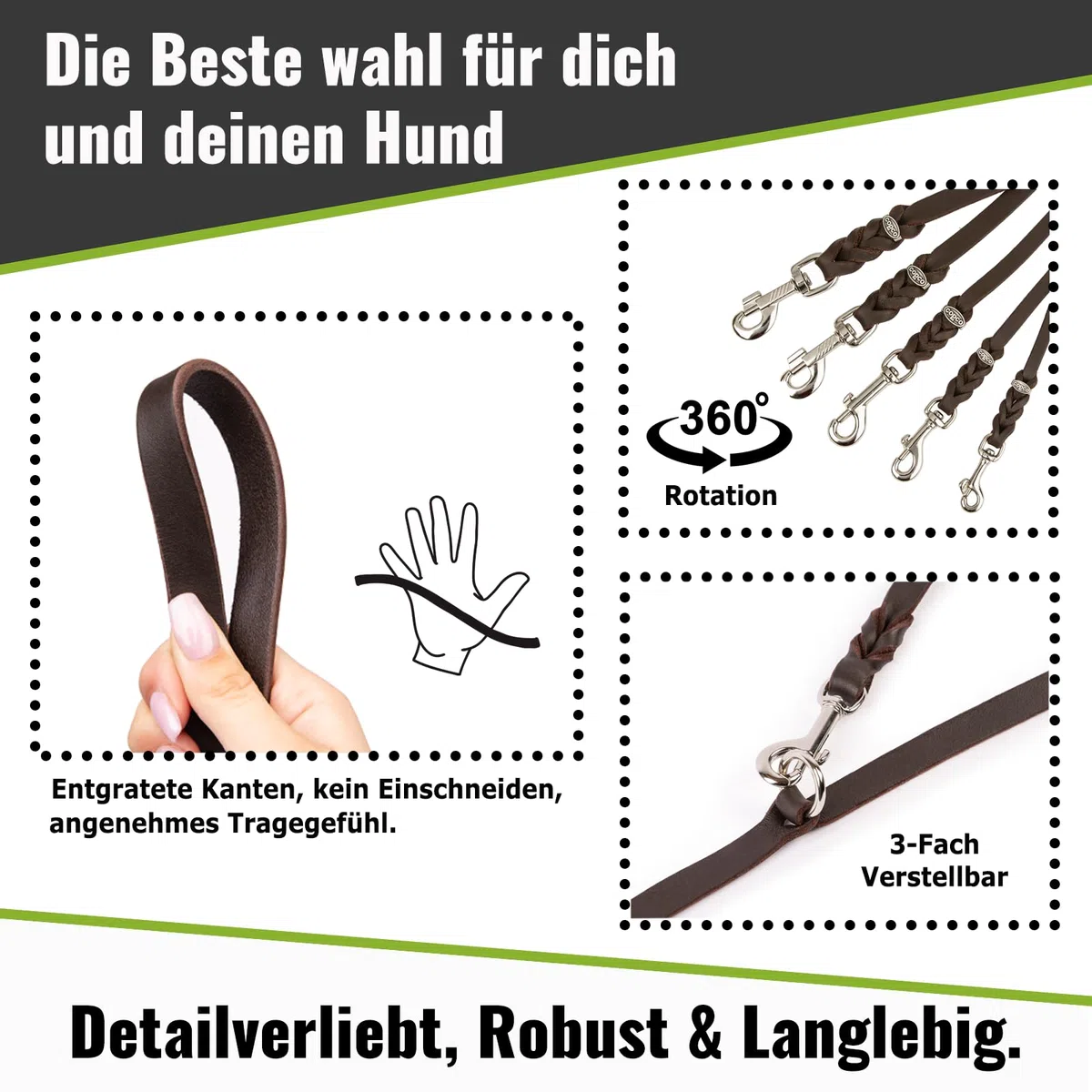 CopcoPet – Correa de cuero engrasado para perros – Correa ajustable en 3 posiciones de piel suave con mosquetones y herrajes de cromo – Correa trenzada 100% hecha a mano en Alemania (2,0 m x 20 mm |