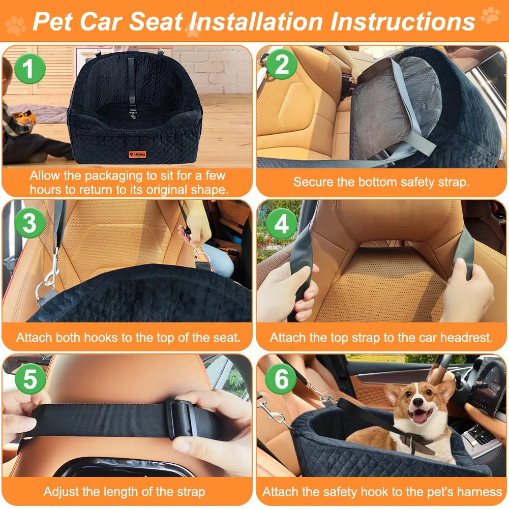 Vivifying - Asiento de coche para perro de tamaño pequeño y mediano, cesta de perro de coche con correa de seguridad y bolsillos de almacenamiento, asiento elevado para asiento delantero y asiento