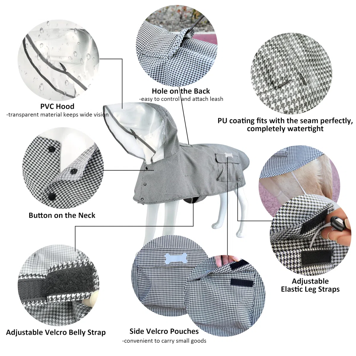 Impermeable para Perro, Ajustable, Reflectante, Ligero, Ropa de Lluvia para Mascotas con Capucha Poncho (M, Negro y Blanco)