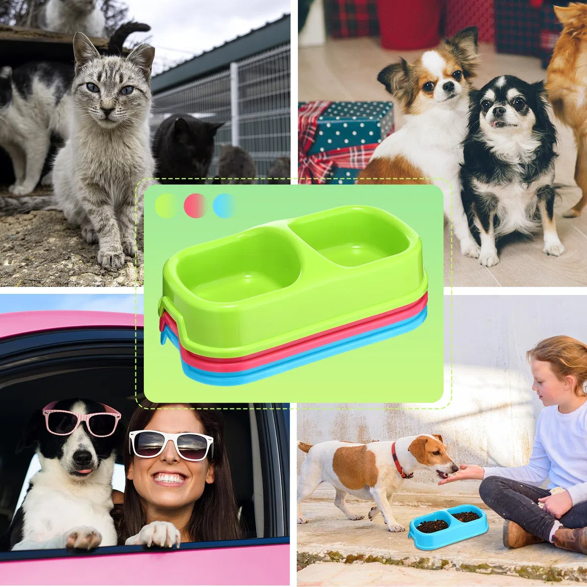 Hsei 12 platos dobles para comida de mascotas, cuenco de plástico para gatos, platos para perros, cuencos dobles para perros pequeños y medianos, gatos y cachorros, 3 colores surtidos