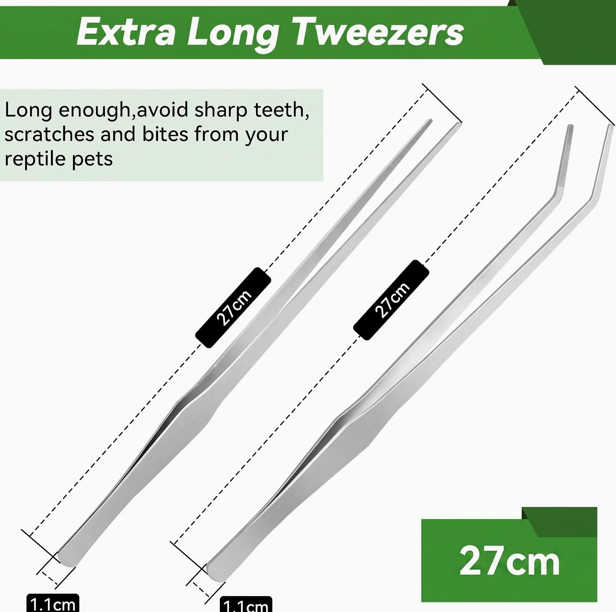 2 pinzas largas para acuario, pinzas curvadas de 27 cm, pinzas de alimentación de reptiles de acero inoxidable, herramientas de terrario, alimentador para lagartos, accesorios de tanque de serpiente