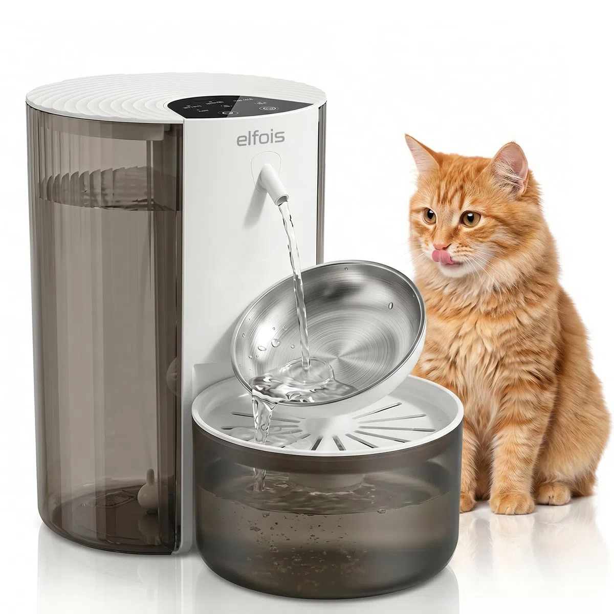 Fuente de agua para gatos sin filtro, dispensador de agua recargable inalámbrico para mascotas con gran capacidad de 3 litros, tanques de agua limpios y sucios, cuenco de acero inoxidable para gatos y