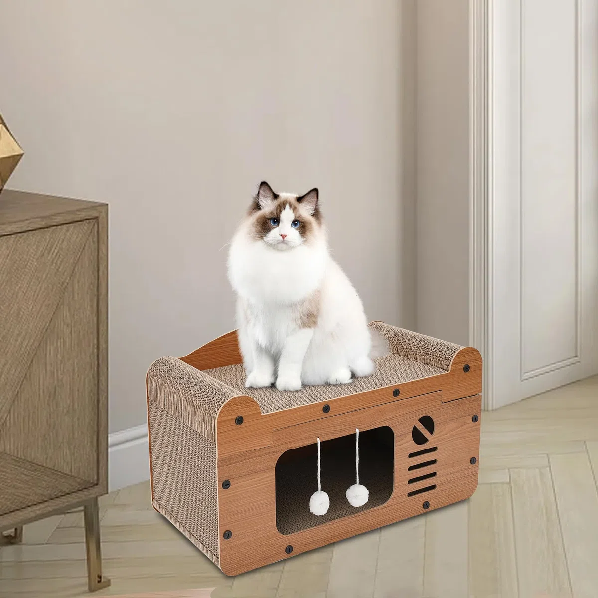 Rascador para gatos, cueva para gatos con tabla rascadora, cama para gatos de 2 pisos con pelota de juego, casa para gatos interior de cartón, cartón rascador para gatos, almohadilla rascador para