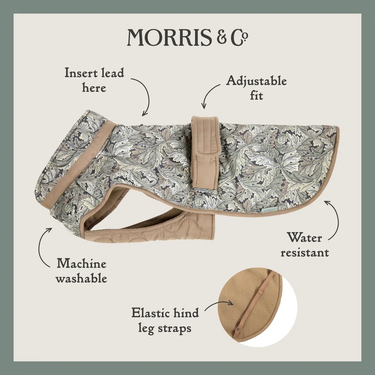 Rosewood x Morris & Co. Acanthus - Abrigo Acolchado para Perro, Talla L, Chaqueta de Invierno Acolchada cálida de Lujo para Perros, Ajuste Ajustable, Estampado Elegante, Abrigo cómodo para Perros