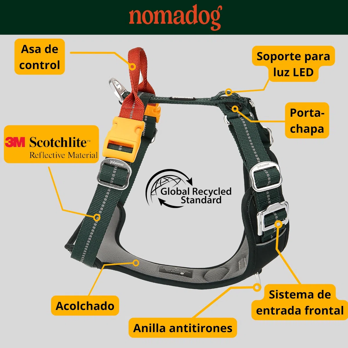 Nomadog Trailblazer Arnes Perro Grande Sin Tirones con Asa - Ajuste Óptimo, Reflectante 3M, Aluminio No Oxidante, Materiales Reciclados - Ideal para Perros Activos (L)