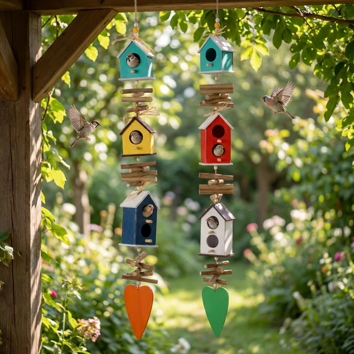 Potchen Paquete de 2 comederos colgantes coloridos para pájaros al aire libre, jardín, aldea, granja, comedero de madera para pájaros para casas de campo, granja, decoración de jardín al aire libre