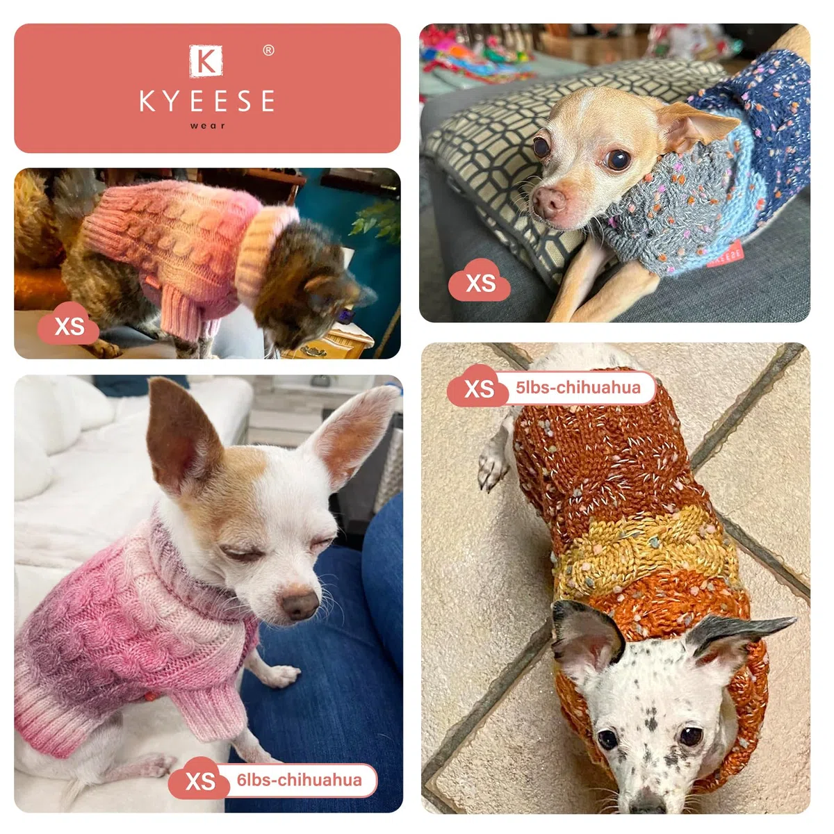 KYEESE Suéter grueso para perro, de punto trenzado, suéter para cachorros de color degradado, suéter para perros pequeños, mullido y cálido con mangas, marrón, XS