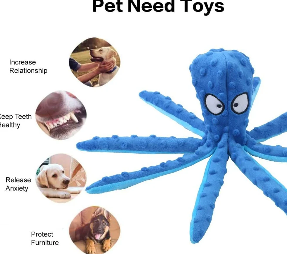 Juguete para Perro USB Squeak Octopus-Juguete para Perro de Peluche Plisado sin Relleno, Juguete para Cachorros, Perros pequeños, medianos y Grandes (4 Colores)-Blue