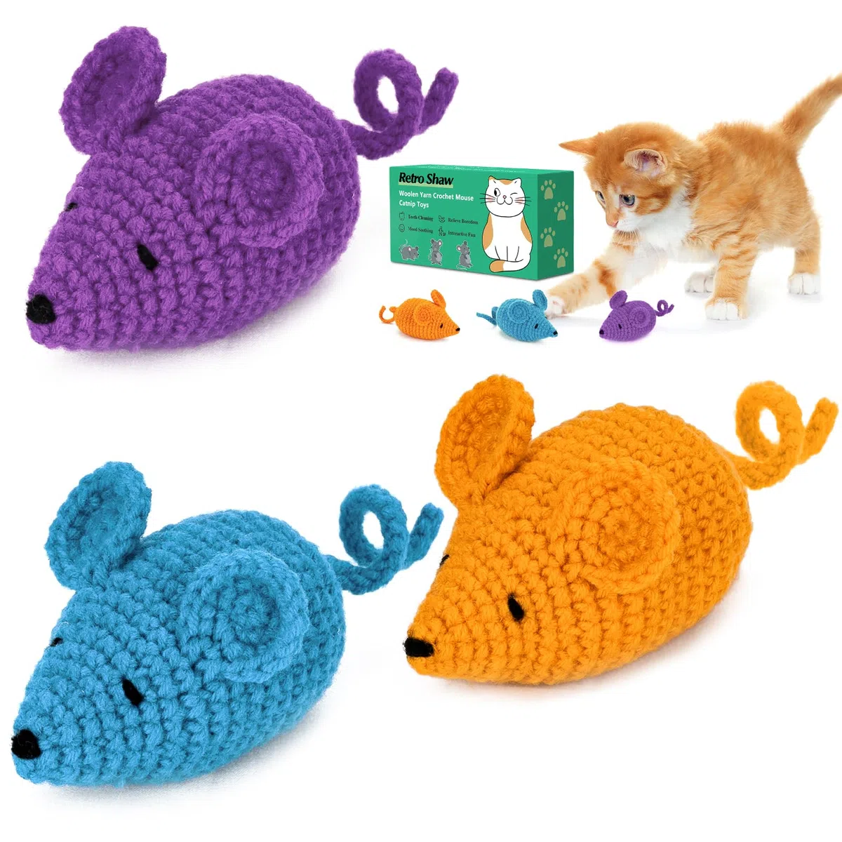 Retro Shaw Juguetes de hierba gatera, ratones de ganchillo, juguetes para gatos, 3 piezas de hilo para gatos, juguetes de animales, juguete seguro de limpieza de dientes para gatitos de interior
