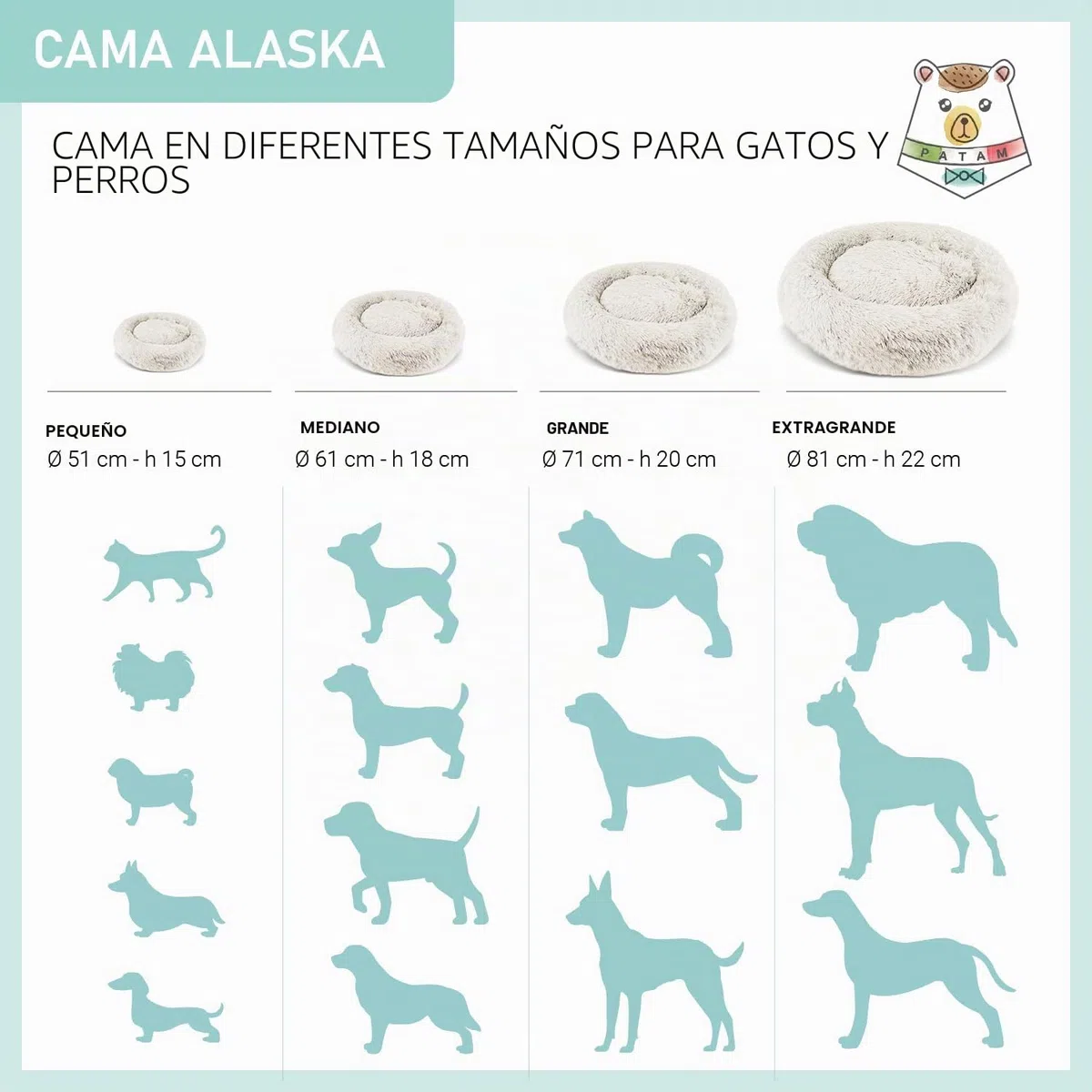PATAM Cama Redonda de Felpa para Perros y Gatos con Funda Lavable a máquina, Antideslizante - Alaska Crema, Extra-Large 81 cm